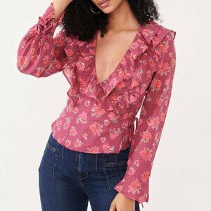 Free People Amanda floral true wrap blouse top shirt ruffle cotton wine new XS